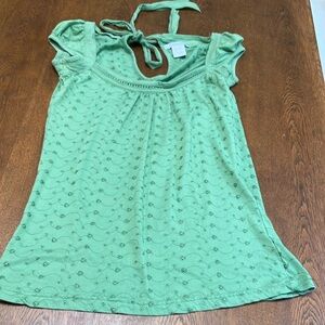 Charlotte Russe women’s top, tieback green cap sleeves. All cotton. Embroidered